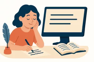 Jeune femme détendue écrivant à la main devant un écran et un livre ouvert.