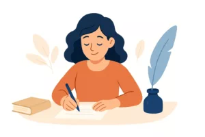 Jeune femme sereine terminant son texte, assise à un bureau avec plume et livre fermé.
