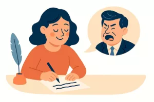 Illustration satirique d’une femme écrivant avec une caricature dans une bulle.