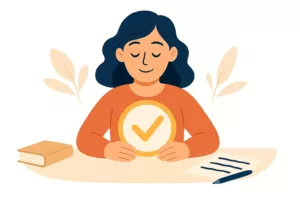 Illustration d’une femme sereine tenant un symbole de validation.