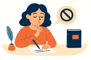 Illustration d'une autrice faisant un geste de silence, symbolisant la discrétion avant publication.