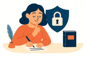 Illustration d’une femme écrivant paisiblement, protégée par un grand bouclier avec un cadenas.