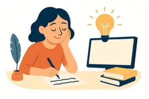 Illustration d'une femme inspirée qui se remet à écrire, une ampoule lumineuse symbolise une idée soudaine.