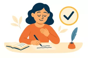Illustration d'une femme sereine terminant son écriture, un symbole de validation à ses côtés.